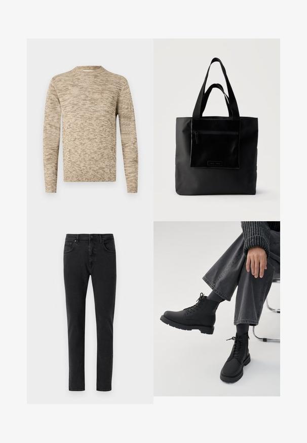 Beige und hellbrauner Melange-Strickpullover mit langen Ärmeln und einem gerippten Rundhalsausschnitt sowie Saum, präsentiert vor einem weißen Hintergrund.; Schwarze Denim-Jeans mit schmaler Passform, klassischem Fünf-Taschen-Design und minimalen Nähten. Glatte Textur, normaler Bund.; Person sitzt mit übergeschlagenen Beinen, trägt schwarze Schnürstiefel, dunkle Socken, graue weite Hosen und einen gerippten dunklen Pullover vor weißem Hintergrund.; Schwarze Tragetasche mit vorderer Reißverschlusstasche und zwei Griffen, vor einfachem hellem Hintergrund.