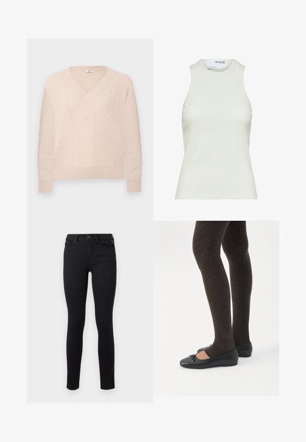 Lys beige strikket sweater med V-hals, ribbede manchetter og kant, med diskrete vertikale blomster kabelstrik mønstre på forsiden.; Ærmeløs hvid ribbet tanktop med rund halsudskæring fra Selected Femme, viser frontvisning uden mønstre eller dekorationer.; Sorte skinny jeans lavet af stræk denim. Har et klassisk fem-lomme design og standard metalknaplukning i taljen.; Ben iført mørke ribbede leggings kombineret med sorte balletsko med små sløjfedetaljer på hvid baggrund.
