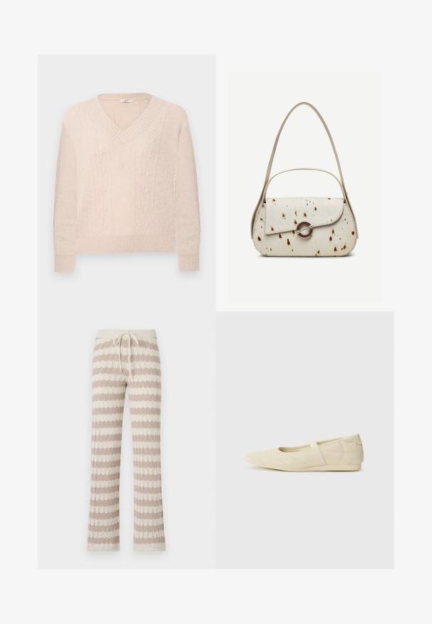 Suéter de punto beige claro con escote en V, puños y dobladillo acanalados, que presenta sutiles patrones de trenzado floral vertical en la parte delantera.; Pantalones de lounge de punto con rayas verticales en beige y crema, que cuentan con una cintura ajustable con cordón y una textura de punto abierto.; Bailarinas beige con un exterior de cuero liso, punta en forma de almendra y una correa elástica en el empeine, con detalles de costura sutiles.; Bolso color crema con motas marrones, solapa curva con cierre metálico circular, con dos correas delgadas, una más larga para llevar al hombro.