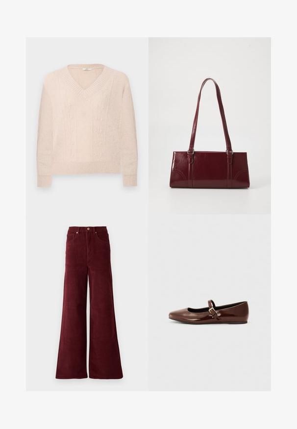 Lichtbeige gebreide trui met V-hals, geribbelde mouwen en zoom, met subtiele verticale bloemige kabelpatronen op de voorkant.; Burgundy wijde corduroy broek met hoge taille, voorzakken en een knoopsluiting. Geweven ribstof over de gehele lengte.; Bruine gepatineerde leren balletschoen met een vierkante neus en een bandje met een kleine gouden gesp. Gladde textuur, lage hak en minimalistisch ontwerp.; Bourgondische handtas van glanzend materiaal, rechthoekige vorm, met twee schouderbanden en subtiele gebogen accenten aan de voorkant.