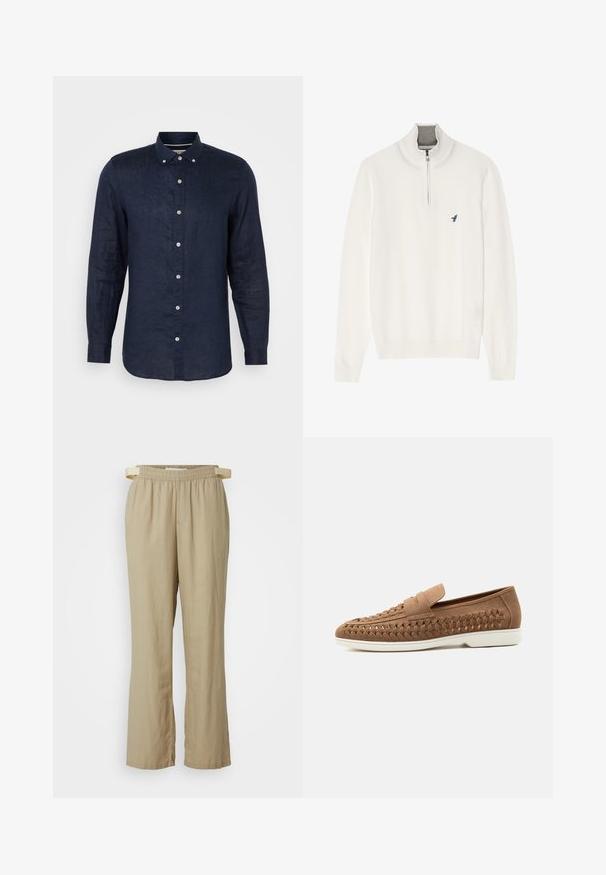 Pull en maille blanche avec un col montant, doté d'une fermeture éclair d'un quart et d'un petit logo d'oiseau bleu sur la poitrine gauche. Texture douce, poignets côtelés.; Chemise à manches longues bleu marine en lin, avec un col boutonné, six boutons sur le devant et un ourlet légèrement arrondi.; Pantalons beige à jambes larges en tissu léger. Taille élastique avec cordon de serrage. Comprend des poches avant et des jambes droites.; Mocassin en daim marron avec détails tissés sur le côté et semelle en caoutchouc blanche, présenté de profil sur un fond gris clair.