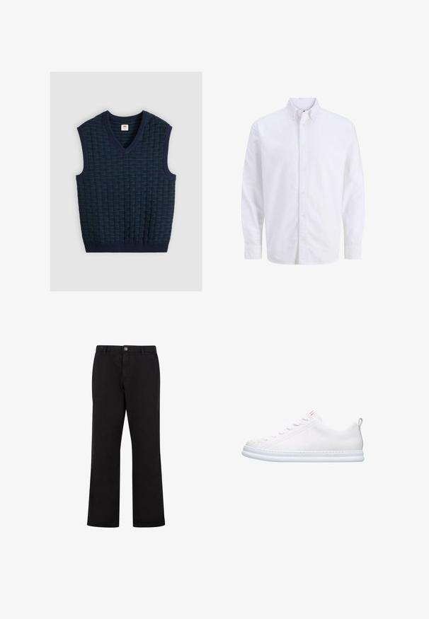 Marineblauw mouwloos gebreid vest met groen gestructureerd ruitpatroon en V-halskraag, vlak liggend op een lichte achtergrond.; Witte blouse met lange mouwen, knoopsluiting, een klassieke kraag en knoopmanchetten, getoond tegen een effen achtergrond.; Zwarte rechte broek met knoopsluiting aan de voorkant, riemlussen en zijzakken, getoond op een witte achtergrond.; Witte leren sneaker met een ronde neus, platte zool en een minimalistisch ontwerp. Bevat tonale stiksels en een kleine trekhaak aan de hiel.