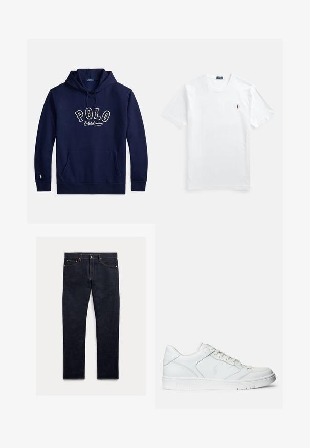 Sudadera con capucha azul marino con bolsillo frontal, cordones y texto blanco "POLO Ralph Lauren" en el pecho, además de un pequeño logo en el puño de la manga izquierda.; Camiseta blanca de algodón, cuello redondo, manga corta, con un pequeño logo bordado y colorido en el lado izquierdo del pecho. Textura suave, corte clásico.; Jeans de mezclilla oscura con corte recto, cinco bolsillos, costuras naranjas y cierre de botones. La tela tiene una textura suave.; Zapatilla de cuero blanca con textura suave, que presenta una puntera perforada, cierre de cordones y logo bordado en el lateral. Suela de goma blanca.