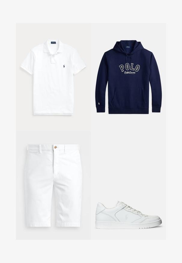 Navyblå hættetrøje med frontlomme, snore og hvid "POLO Ralph Lauren" tekst på brystet samt et lille logo på venstre ærmekant.; Hvid polo t-shirt med korte ærmer, krave, to-knaps lukning og lille mørkeblå logo på venstre bryst.; Hvide bomulds shorts med lige pasform, der har knaplukning, bælteløkker og flade forlommer. Blød tekstur og ren finish.; Hvide lædersneakers med en glat tekstur, der har en perforeret tå, snørebåndslukning og broderet logo på siden. Hvid gummisål.