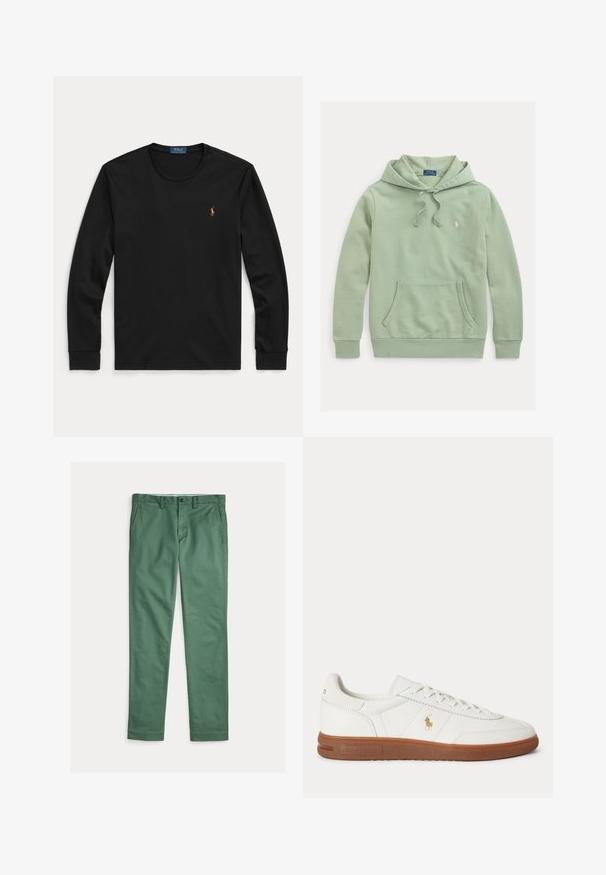 Lichtgroene hoodie met voorzak, trekkoorden en klein geborduurd logo op de linkerborst.; Zwarte lange mouwen shirt met ronde hals en klein geborduurd Polo Ralph Lauren-logo op de linkerborst.; Groene rechte herenbroek met voorzakken, riemlussen en knoopsluiting, plat uitgespreid op een witte achtergrond.; Witte lage sneaker met bruine zool, veters aan de voorkant en klein gouden Polo Ralph Lauren-logo aan de zijkant.