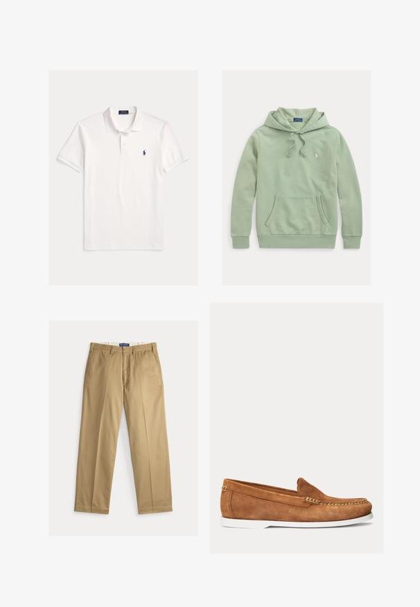 Hellgrüner Kapuzenpullover mit Fronttasche, Kordelzug und kleinem gesticktem Logo auf der linken Brust.; Weißes Polo Ralph Lauren Kurzarmhemd mit Kragen, Zweiknopfleiste und kleinem dunkelblau besticktem Pferdelogo auf der linken Brust.; Beige Chinos aus Baumwollstoff. Gerade geschnitten mit flacher Vorderseite, zwei Seitentaschen und einem Bund mit Knopfverschluss.; Brauner Wildleder-Slipper mit weißer Sohle und beigen Nähten entlang der Spitze und oberen Kante, seitliche Ansicht vor schlichtem Hintergrund.