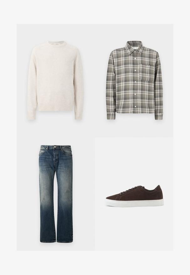 Flødefarvet sweater med rund halsudskæring, ribbede manchetter og kant. Blød tekstur med et enkelt, rent design og raglanærmer.; Flannelskjorte med knapper i nuancer af grå og creme, med ternet mønster, en brystlomme og lange ærmer med knapmanchetter.; Mørkeblå vide denimjeans. Har en falmet detalje, traditionelt fem-lomme design og en metal knaplukning i taljen.; Mørkebrune ruskind lave sneakers med matchende snørebånd og tyk hvid gummisål, vist fra siden på en ensfarvet baggrund.