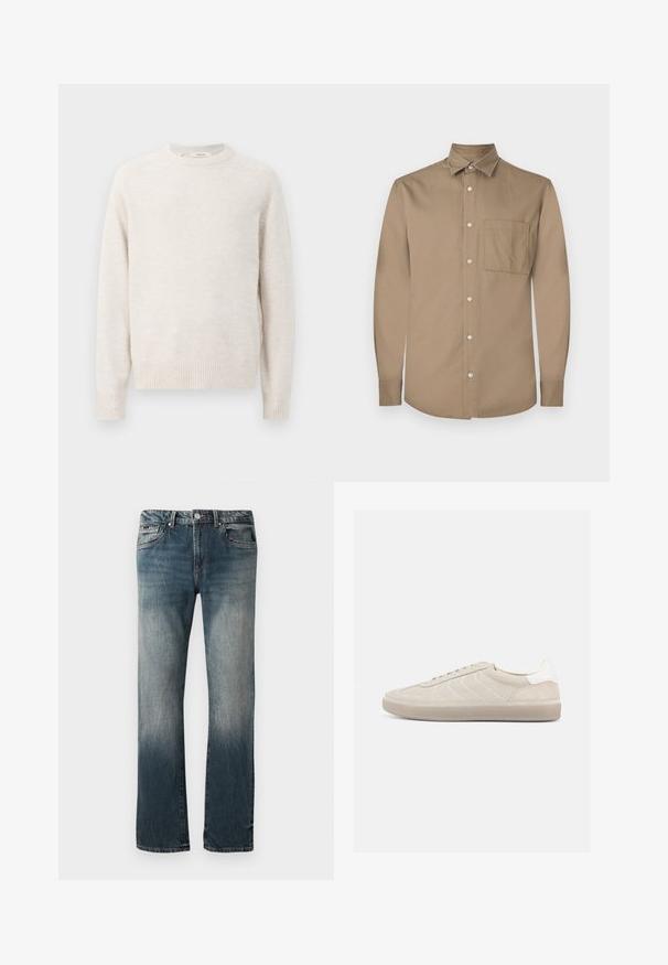 Suéter color crema con cuello redondo, puños y dobladillo acanalados. Textura suave con un diseño simple y limpio y mangas raglán.; Camisa marrón de manga larga con botón en la parte delantera, cuello puntiagudo, un bolsillo en el pecho y textura de tela suave y mate.; Jeans de mezclilla azul de corte recto para hombre con lavado desgastado y diseño de cinco bolsillos sobre un fondo blanco.; Zapatilla beige de ante con parte superior texturizada, contrafuerte de talón blanco liso, cordones finos y suela de goma. Presenta un diseño de perfil bajo.