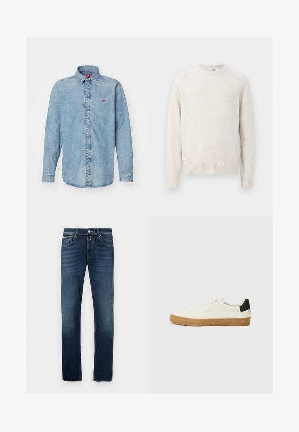 Pull crème avec un col rond, des poignets et un ourlet côtelés. Texture douce avec un design simple et épuré et des manches raglan.; Chemise en denim bleu clair avec des manches longues, un col pointu et une fermeture à boutons. Présente un petit logo rouge sur le côté gauche de la poitrine.; Jean droit bleu marine avec un léger délavage sur les cuisses, cinq poches et une fermeture à bouton en métal à la taille.; Sneaker en toile blanche avec une semelle en gomme, accent au talon noir, bout rond et design à lacets. Présente le logo de la marque en doré sur le côté.