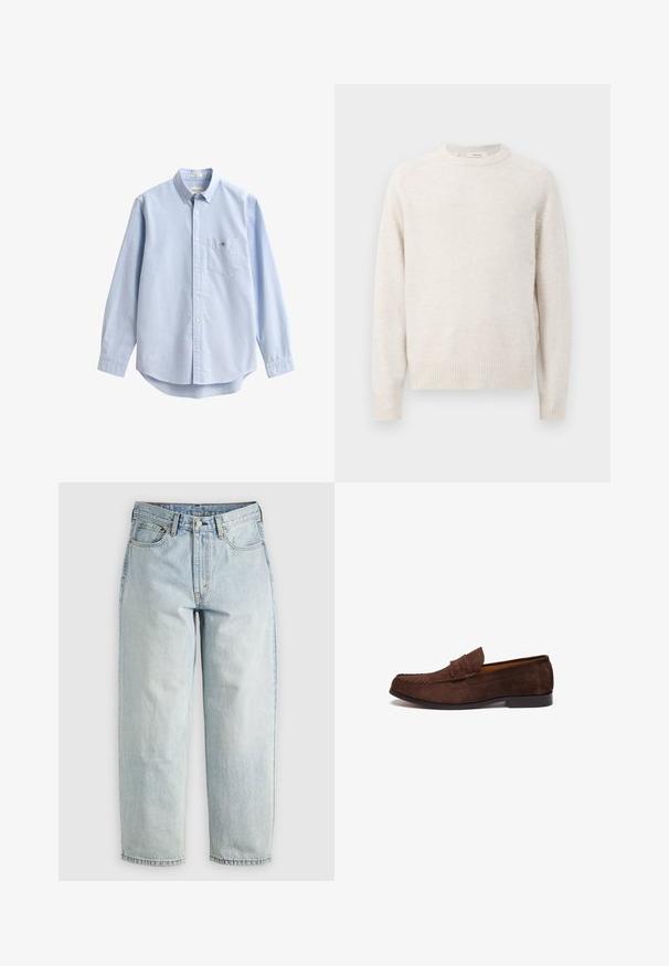 Flødefarvet sweater med rund halsudskæring, ribbede manchetter og kant. Blød tekstur med et enkelt, rent design og raglanærmer.; Lyseblå bomuldsskjorte med knapper. Har en brystlomme, lange ærmer og en klassisk krave. Glat tekstur med afrundet kant.; Lysblå denimjeans med lige ben, fem lommer og knap-fly lukning; har slidte områder og subtile syninger.; Brune ruskinds loafers med syede detaljer, en flad sål og en hævet krave. Glat tekstur og minimalistisk design.