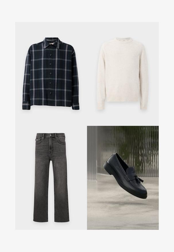 Flødefarvet sweater med rund halsudskæring, ribbede manchetter og kant. Blød tekstur med et enkelt, rent design og raglanærmer.; Sort og mørkeblå ternet langærmet skjorte med hvide striber, knaplukning foran og spids krave.; Sorte jeans med lige ben og falmede detaljer, med front- og møntlommer, knap- og lynlås-lukning, præsenteret på en hvid baggrund.; Sorte læderloafers med en glat tekstur, en rundet tå og dekorative kvaster foran. Fleksibel gummisål med lav hæl.
