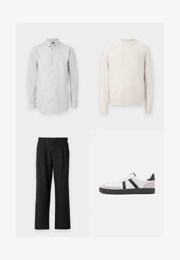 Flødefarvet sweater med rund halsudskæring, ribbede manchetter og kant. Blød tekstur med et enkelt, rent design og raglanærmer.; Stribet langærmet skjorte i hvid og lys grå, med krave og knaplukning, prydet med kontrasterende stribede manchetter og en glat tekstur.; Jack & Jones Classic Wide Leg Fit - Bukser - black; Hvide sneakers med sorte og grå detaljer, med en tekstureret grå tåhætte, sort gummisål og flade hvide snørebånd. Rent design, minimalistisk stil.