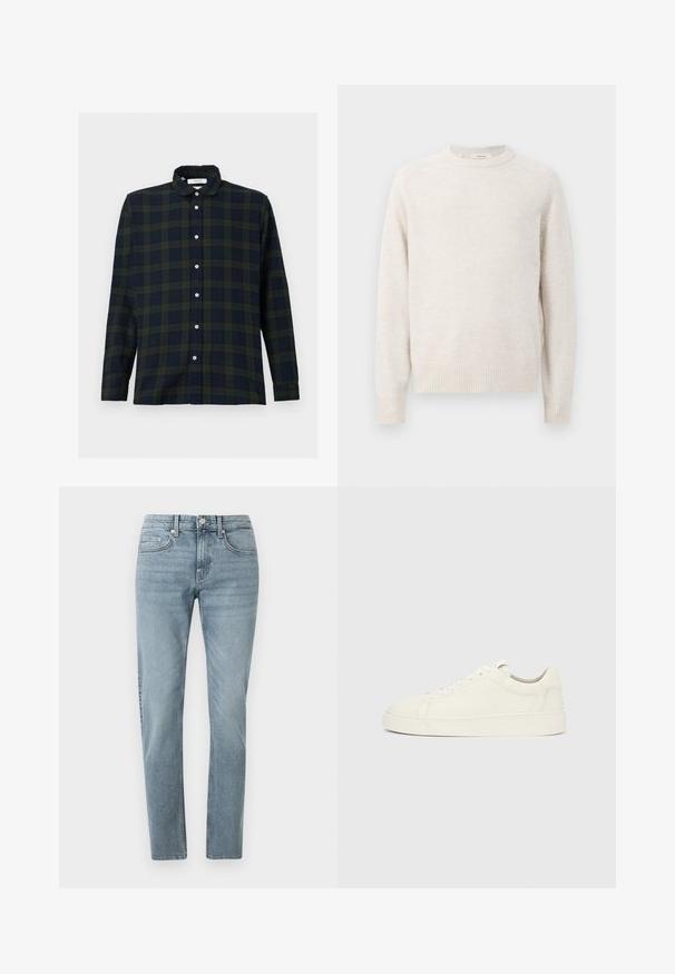 Flødefarvet sweater med rund halsudskæring, ribbede manchetter og kant. Blød tekstur med et enkelt, rent design og raglanærmer.; Langærmet rutet skjorte i mørkegrøn og marineblå, lavet af bomuld, med en button-down krave og front knaplukning.; Lys blå denimjeans med slim fit, fem lomme-design og minimale syninger. Stof har en blød tekstur og let falmede områder.; Hvid læder sneaker med lavt skaft, snørelukning og flad sål på ensartet lysegrå baggrund, set fra siden.