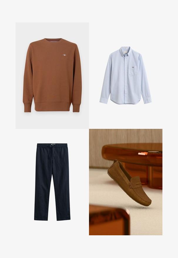 Sweat-shirt marron à col rond en matière douce, manches longues et petit logo brodé sur la poitrine. Poignets et ourlet côtelés.; Chemise bleu clair à manches longues, boutonnée, avec des rayures verticales blanches et une poche poitrine avec un petit logo brodé.; Pantalon bleu marine à jambes droites avec taille élastique, cordon de serrage et poches latérales, fabriqué en tissu léger.; Mocassin en daim marron avec des coutures apparentes flottant au-dessus d'un tapis beige, avec un meuble translucide orange en arrière-plan.