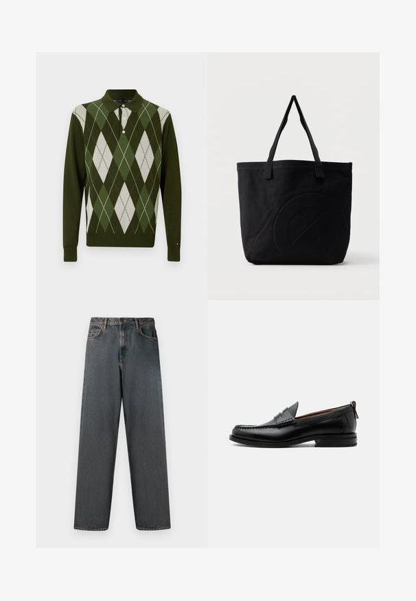 Grøn langærmet polo med argyle mønster i nuancer af grøn og hvid. Har krave og knaplukning. Blød strik tekstur.; Mørkegrå denimjeans med lige ben, fem lommer og en knap- og lynlås-lukning. Stofmet har diskret falming og syninger.; Sort læder herre loafer med moc-tå syning, penny strop, struktureret krave og lav stablet hæl på hvid baggrund.; Sort canvas-tote-taske med to skulderstropper og et diskret præget cirkeldesign på fronten.