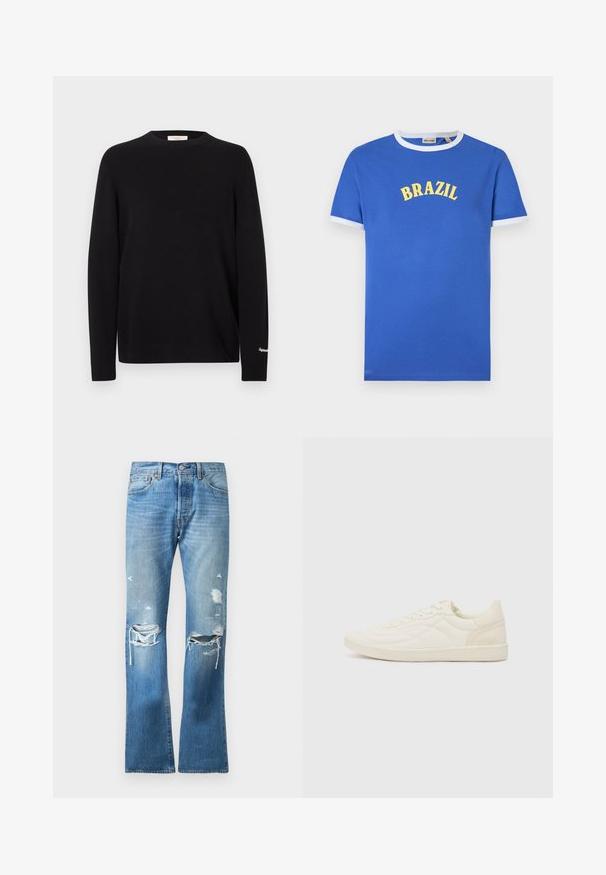 Suéter negro de punto con mangas largas, cuello redondo y puños acanalados. Presenta un detalle sutil de logo dorado en la manga.; Camiseta azul de manga corta con cuello y bordes de las mangas blancos, con texto amarillo "BRAZIL" en el pecho.; Jeans de mezclilla azules de pierna recta con un lavado descolorido y múltiples desgastes en ambas rodillas y muslos superiores.; ALDO THEPITCH - Zapatillas - white