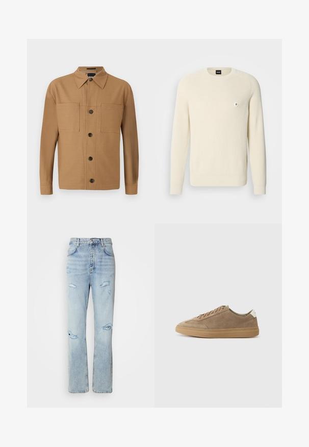 Crèmekleurige trui van geribbelde stof, met een ronde halslijn, lange mouwen en een klein rond logo op de linkerbovenkant van de borst.; BOSS CRAIG - Overhemd - medium beige; Licht gewassen denim jeans met een ontspannen pasvorm, voorzien van versleten plekken en rafelige randen. De stof heeft een zachte, gladde textuur.; Suède sneakers in lichtbruin met een rubberen zool. Voorzien van een vetersluiting en een minimalistische stijl, geaccentueerd door een witte hieltab.