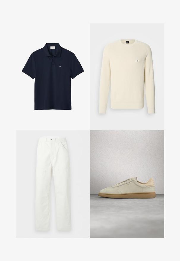 Cremefarvet sweater lavet af ribstrikket stof med rund halsudskæring, lange ærmer og en lille cirkulær logo på venstre bryst.; Marineblå kortærmet poloshirt med krave og to knapper, med en lille hvid "cK" logo på venstre bryst.; Hvide bukser med lige ben, forlommer, bæltestropper og knaplukning i taljen, vist på en ensfarvet baggrund.; Beige ruskindssneaker med tekstureret sål af gummiret. Har flade snørebånd, en afrundet tå og diskret branding på siden. Let polstret krave.