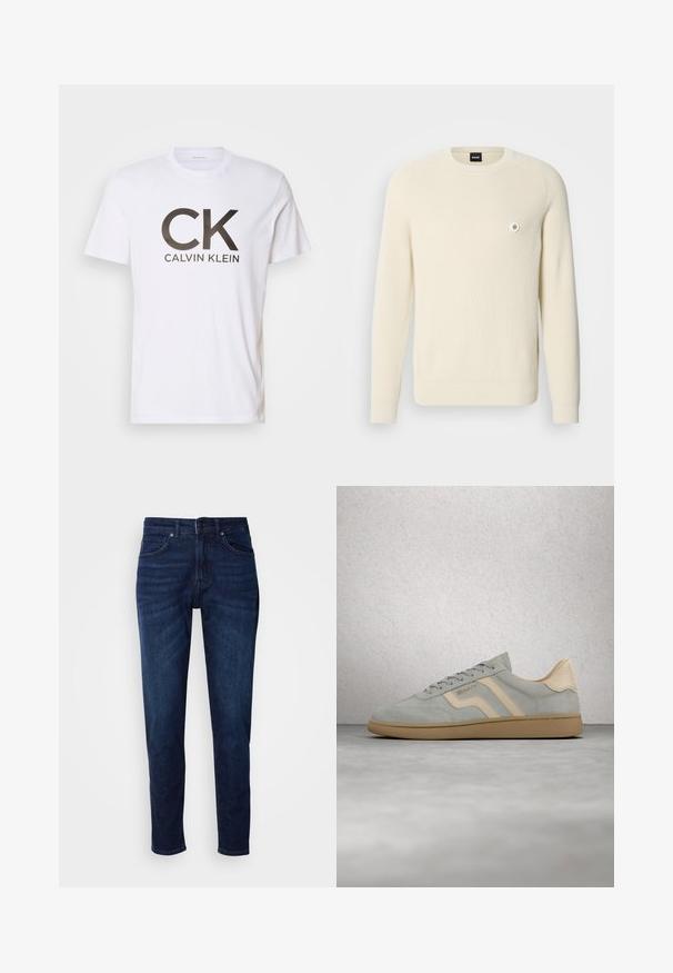 Cremefarbener Pullover aus geripptem Stoff mit rundem Ausschnitt, langen Ärmeln und einem kleinen runden Logo auf der linken Brust.; Weißes Baumwoll-T-Shirt mit einem großen schwarzen "CK"-Logo und dem Text "CALVIN KLEIN" darunter. Klassischer Rundhalsausschnitt und kurze Ärmel.; Dunkelblaue Jeans aus Denim mit geradem Bein, ausgestattet mit Taschen und einem Knopfverschluss an der Taille. Weiche Textur, minimale Ausbleichungen.; Hellgrauer Wildledersneaker mit beigen Akzenten und Gummisohle, schwebt über poliertem Betonboden in der Nähe einer Glassteinmauer.