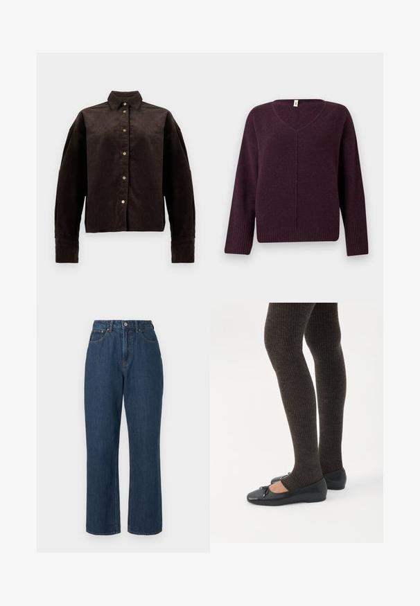 V-hals sweater i mørkeblå, lavet af blødt, tekstureret stof. Har lange ærmer og ribstrikkede kanter ved ærmer og nederkant.; Brun fløjlsskjorte med krave, frontknapper og lange ærmer. Har et struktureret stof og en let oversized pasform.; Blå denim jeans med høj talje, bred bendesign, synlig syning og en enkelt knaplukning fortil. Struktureret stof med en glat finish.; Ben iført mørke ribbede leggings kombineret med sorte balletsko med små sløjfedetaljer på hvid baggrund.
