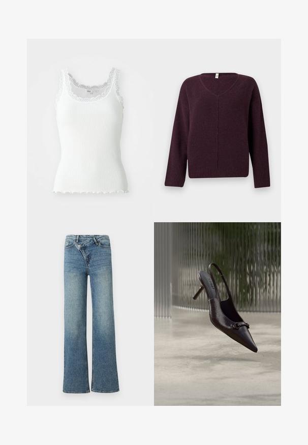 Pull en V de couleur violet foncé, fabriqué à partir d'un tissu doux et texturé. Il présente des manches longues et des bords côtelés aux poignets et à l'ourlet.; Débardeur blanc à côtes avec un liseré en dentelle le long de l'encolure et des emmanchures ; finition en bas en forme de vagues ; design ajusté et tissu léger.; Jean en denim bleu clair à jambes larges avec une taille haute, un délavage clair et une fermeture à bouton à l'avant. Comprend cinq poches et des coutures minimales.; Escarpin slingback noir brillant à bout pointu avec une petite boucle décorative, flottant au-dessus d'un sol en béton avec un fond en verre texturé.