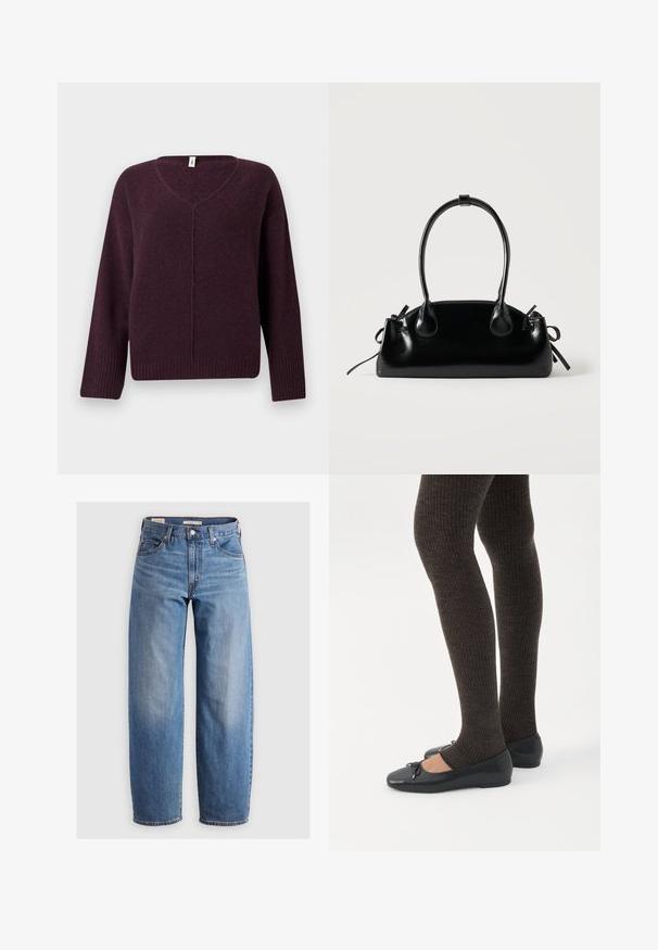 V-Ausschnitt-Pullover in Dunkellila, aus weichem, strukturiertem Stoff. Mit langen Ärmeln und gerippten Kanten an den Bündchen und dem Saum.; Helleblaue, gerade geschnittene Jeans aus Denim. Merkmale ein klassisches Fünf-Taschen-Design und dezente Ausbleichungen entlang der Beine.; Beine in dunklen, gerippten Leggings kombiniert mit schwarzen Ballerinas mit kleinen Schleifendetails auf weißem Hintergrund.; Kleine schwarze glänzende Handtasche mit zwei langen Griffen und seitlichen Kordelzug-Details vor einfachem hellem Hintergrund.