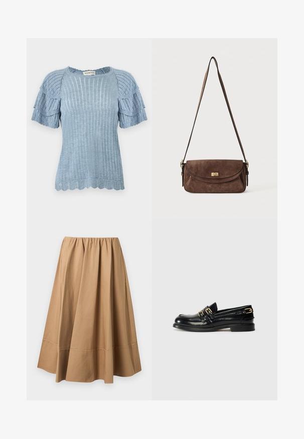 Haut tricoté bleu clair avec manches courtes à volants, texture côtelée et ourlet festonné. L'étiquette porte la mention "MUNTHE."; Jupe midi beige taille haute avec taille froncée et large bande d'ourlet, confectionnée dans un tissu doux et fluide.; Mocassins en cuir noir avec une finition brillante, dotés de deux boucles dorées et d'un talon bas. Texture lisse avec un design à bout arrondi.; Sac bandoulière en daim marron avec une longue sangle réglable et une fermeture à tour dorée sur le rabat avant.