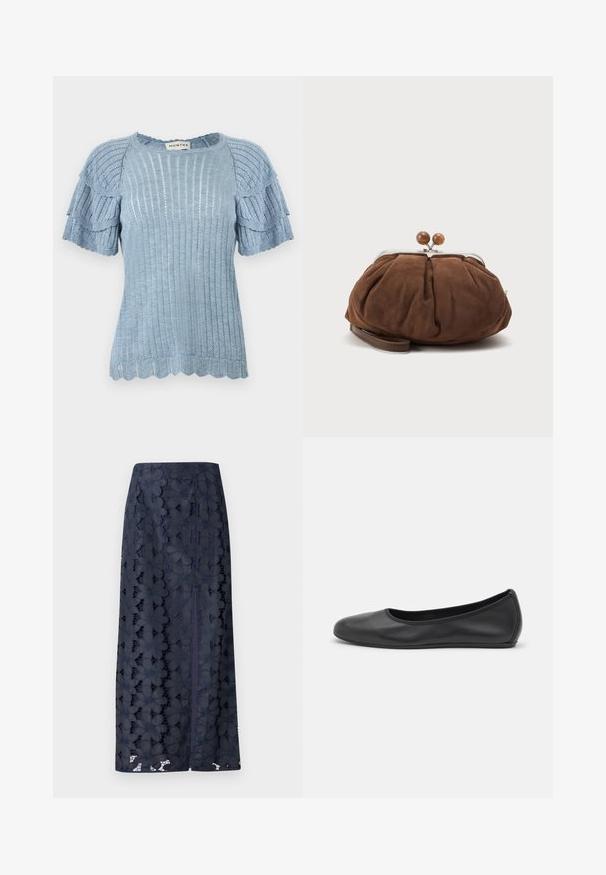 Haut tricoté bleu clair avec manches courtes à volants, texture côtelée et ourlet festonné. L'étiquette porte la mention "MUNTHE."; Jupe en dentelle bleu marine avec des motifs floraux, une coupe droite et une fente sur le côté pour faciliter les mouvements. Texture douce et détails complexes.; Ballerines en cuir noir avec un bout rond, texture lisse, détails de couture minimalistes et design de semelle flexible.; Petit sac poignet en daim marron doux avec cadre en métal argenté et boules rondes marron de fermeture sur fond clair uni.