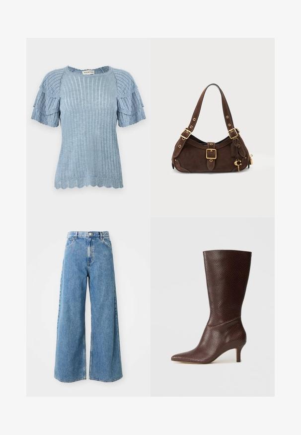 Haut tricoté bleu clair avec manches courtes à volants, texture côtelée et ourlet festonné. L'étiquette porte la mention "MUNTHE."; Jean en denim léger bleu clair à taille haute, avec fermeture à boutons et à glissière à l'avant, et poches avant sur fond blanc.; Bottine marron en simili cuir avec un bout pointu, un imprimé serpent texturé et un talon de 5 cm, présentant un design élégant et épuré.; Sac à épaule en daim marron avec des sangles réglables, des boucles dorées et un porte-clés décoratif sur un fond blanc uni.