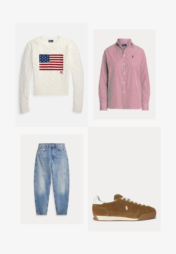 Kremfarvet kabelstrikket sweater med stort amerikansk flagdesign i rød, hvid og blå. Ribstrikkede manchetter og kant. Lille "RL" broderidetalje.; Polo Ralph Lauren RELAXED FIT STRIPED COTTON SHIRT - Skjortebluser - wine/white; Lyseblå cowboybukser med høj talje med let falmning og slid nær forlommerne, fem-lomme stil og tilspidsede ben.; Brun ruskind lav-top sneaker med hvide snørebånd, hvid hælaccent, gummisål og broderet Polo-logo på siden.