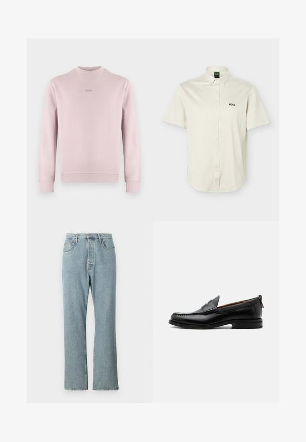 Lichtroze sweatshirt gemaakt van zachte stof, met een ronde hals en geribbelde manchetten. Geborduurd "BOSS"-logo in bijpassend roze op de borst.; Witte korte mouwen blouse met knoopsluiting, knoopsluiting aan de kraag, zwart "BOSS"-logo op de borst en groene binnenkraaglabel.; Lichtblauwe denim jeans met een hoge taille, brede rechte pijpen en eenvoudige stiksels. Heeft vijf zakken en een klassieke knoopsluiting.; Zwarte leren herensloffen met moc toe stiksel, pennyriem, gestructureerde kraag en lage gestapelde hak op witte achtergrond.