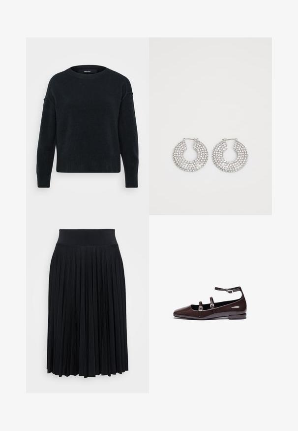 Jersey negro de punto con cuello redondo, mangas largas y dobladillo acanalado. Textura suave con un corte ligeramente holgado y hombros caídos.; Falda negra plisada con una cinturilla ancha, hecha de un material suave. Presenta pliegues verticales para añadir textura y fluidez.; Bailarinas de charol marrón con punta afilada, que presentan dos correas ajustables y hebillas de plata, además de un tacón cuadrado bajo.; Aros de plata en forma de aro adornados con múltiples embellishments de cristal transparente, con una superficie texturizada y un diseño circular abierto.