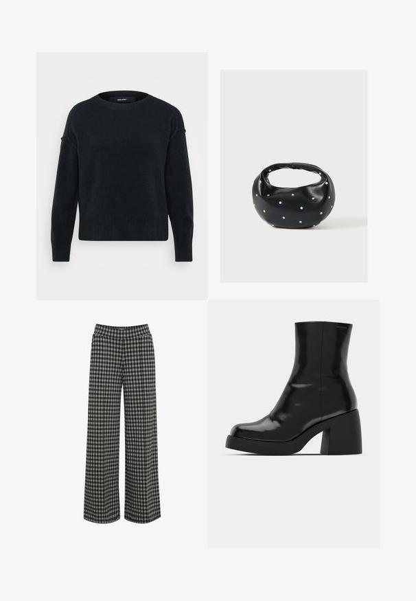 Sort strikket sweater med rund halsudskæring, lange ærmer og ribbet kant. Blød tekstur med en let løs pasform og drop skuldre.; ICHI IHKATE - Bukser - vetiver; Sorte ankelstøvler med en blank finish, firkantet tå og en tyk blokhæl. Designet har en strømlinet silhuet og minimal branding.; Sort læderhåndtaske med en rundet form, dekoreret med sølvnitter, og et kort håndtag. Glat tekstur og lynlåslukning.
