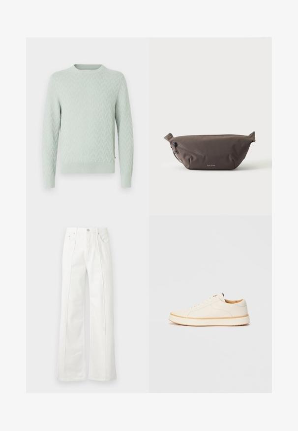 Pull vert clair à motifs avec une texture tissée, manches longues et col rond. Poignets et ourlet côtelés apportent une touche de détail.; Pantalon blanc taille haute à jambes larges avec coutures devant, passants de ceinture, fermeture par bouton et poches latérales sur fond uni.; Baskets en cuir blanc avec un bout rond, design simple à lacets, semelle intérieure rembourrée et semelle en caoutchouc beige contrastante. Texture lisse sur l'ensemble.; Sac banane en tissu marron foncé avec poche zippée en diagonale et petit logo blanc sur le devant, sur un fond clair uni.