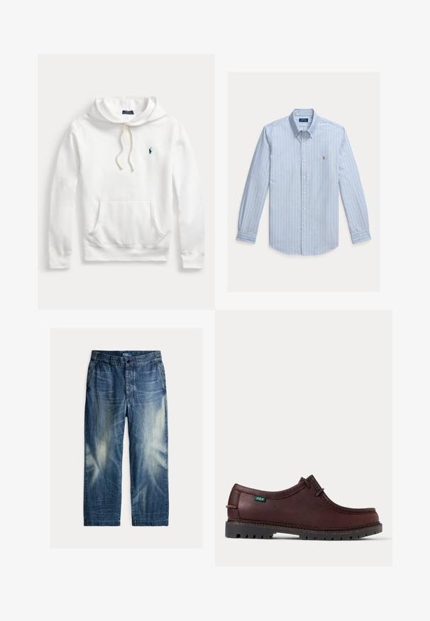 Weißer Polo Ralph Lauren Hoodie mit Fronttasche, Kapuze mit Kordelzug und marineblau besticktem Logo auf der linken Brust.; Hellblaues Langarm-Hemd mit weißen vertikalen Streifen und einem kleinen gestickten Polo Ralph Lauren Logo auf der Brust.; Blaue ausgewaschene Jeans mit Fronttaschen, Gürtelschlaufen, Knopfverschluss und „Polo by Ralph Lauren“-Etikett im inneren Bund.; Dunkelbrauner Leder-Mokassinschuh mit schwarzer robuster Sohle und grünem Polo-Logo-Etikett an der Seite, Seitenansicht.