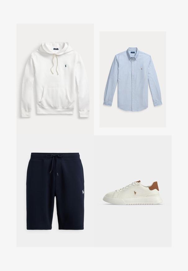 Sweat à capuche blanc Polo Ralph Lauren avec poche avant, capuche à cordon et logo brodé bleu marine sur la poitrine gauche.; Chemise bleu clair à manches longues avec rayures verticales blanches et petit logo Polo Ralph Lauren brodé sur la poitrine.; Shorts de sport en coton bleu marine avec taille élastique, cordon de serrage et logo sur le côté gauche. Texture lisse, longueur au genou.; Basket basse blanche avec languette marron au talon, fermeture à lacets, semelle épaisse et petit logo cheval brodé sur le côté.