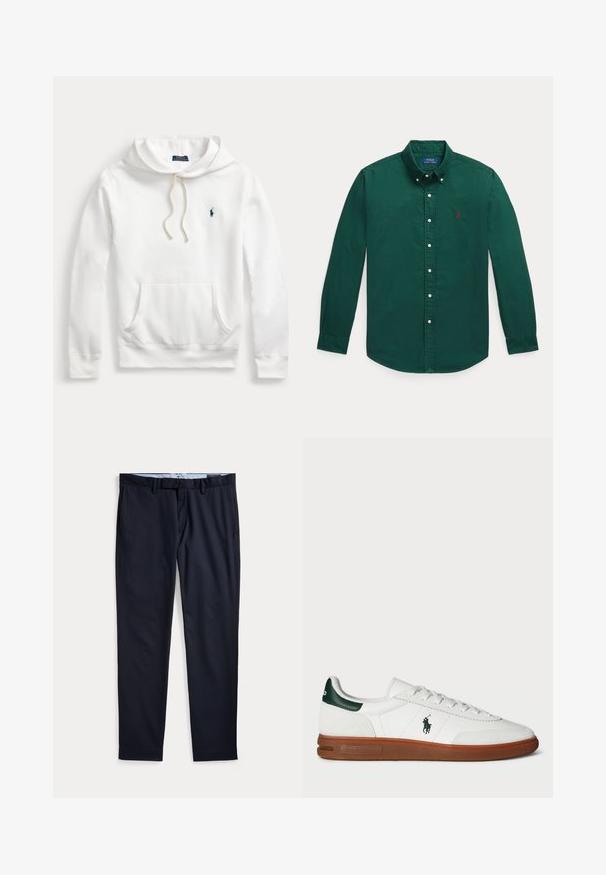 Hvid Polo Ralph Lauren hoodie med frontlomme, snøretræk i hætten og marineblåt broderet logo på venstre bryst.; Mørkegrøn langærmet skjorte med knapper, krave og lille rødt broderet logo på venstre bryst.; Marineblå herre habitbukser med bæltestropper, lynlås og sidelommer, lagt fladt på en hvid baggrund.; Hvide lædersneakers med grøn hælaccent, tekstureret ruskindspanel, gummisål og broderet logo på siden. Har snørebåndsdesign.