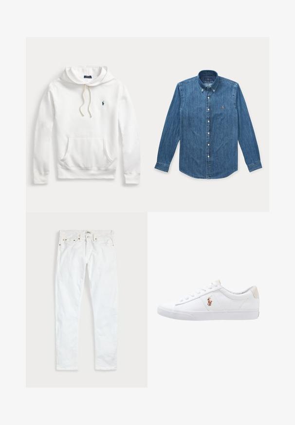 Sudadera con capucha blanca Polo Ralph Lauren con bolsillo frontal, capucha con cordón y logo bordado en azul marino en el lado izquierdo del pecho.; Camisa vaquera azul de manga larga con botones, cuello y pequeño logo bordado en el pecho izquierdo.; Vaqueros blancos de corte ajustado con cinco bolsillos, cierre de botones y trabillas para cinturón, extendidos sobre un fondo liso y claro.; Zapatilla de lona blanca con diseño de corte bajo, que cuenta con un taco trasero beige y un pequeño logo bordado en el costado. Suela de goma.