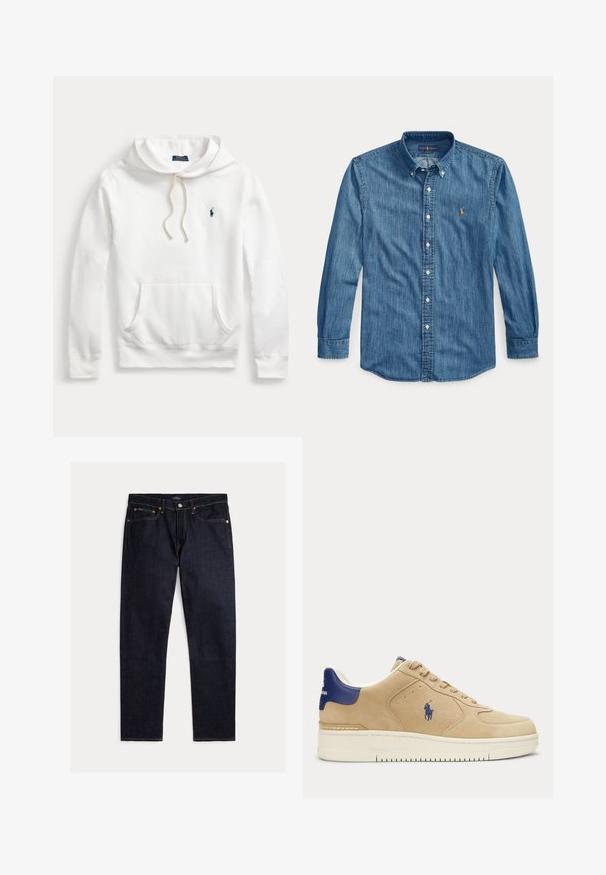 Weißer Polo Ralph Lauren Hoodie mit Fronttasche, Kapuze mit Kordelzug und marineblau besticktem Logo auf der linken Brust.; Langärmliges blaues Jeanshemd mit Kragen und kleinem besticktem Logo auf der linken Brustseite neben den Knöpfen.; Dunkel indigoblaue Jeans mit geradem Bein, fünf Taschen, Knopf- und Reißverschluss und kontrastierenden orangen Nähten auf einfarbigem Hintergrund.; Beigefarbener Wildleder-Sneaker mit dunkelblauem Fersenlasche und Logo, weißer Sohle, Schnürdesign und Polo-Spieler-Stickerei an der Seite.