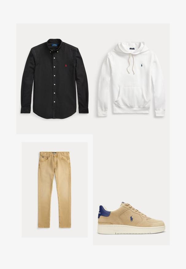 Biela mikina Polo Ralph Lauren s kapucňou, predným vreckom, sťahovacou šnúrkou a námornícky modrým vyšitým logom na ľavej strane hrudníka.; Čierna košeľa s dlhým rukávom na gombíky, s červeným vyšitým logom na ľavej strane na hrudi a golierom s gombíkmi.; Béžové bavlnené džínsy so slim fit strihom, päť vreciek a viditeľným šitím. Obsahujú kovový gombík a označenie na páse.; Béžová semišová teniska s tmavomodrou pätkou a logom, bielou podrážkou, šnurovací dizajn a výšivka hráča póla na boku.