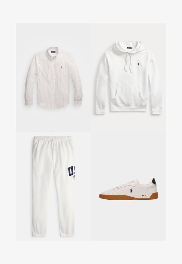 Biela mikina Polo Ralph Lauren s kapucňou, predným vreckom, sťahovacou šnúrkou a námornícky modrým vyšitým logom na ľavej strane hrudníka.; Biela košeľa na gombíky s tenkými vertikálnymi pruhmi v svetlej béžovej farbe. Má klasický golier, dlhé rukávy a malé vyšívané logo na hrudi.; Biele teplákové nohavice s elastickým pásom, s tmavomodrým nápisom „USA“ a malým motívom vlajky na ľavej nohe. Hladká textúra.; Biela nízka teniska s hnedou gumovou podrážkou, čiernym logom Polo Ralph Lauren na boku a textom „RL" na päte.
