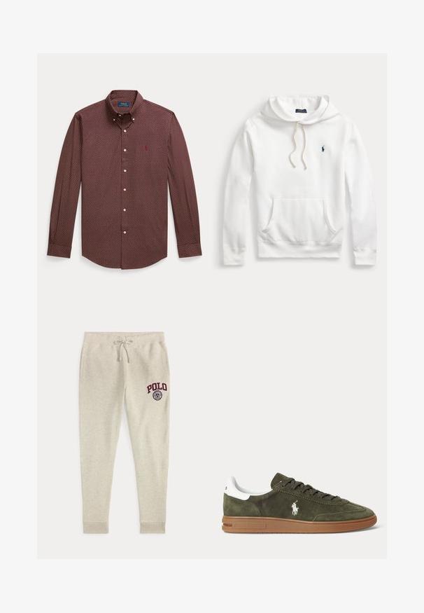 Biela mikina Polo Ralph Lauren s kapucňou, predným vreckom, sťahovacou šnúrkou a námornícky modrým vyšitým logom na ľavej strane hrudníka.; Červená a tmavomodrá košeľa na zapínanie s malým geometrickým vzorom, dlhými rukávmi a klasickým golierom. Na hrudi má malú potlač loga.; Béžové tepláky so sťahovacou šnúrkou, bočnými vreckami a červeným logom a emblémom "POLO" na hore ľavej stehnovej časti.; Zeleno-olivová semišová teniska s hnedou gumovou podrážkou, bielym pätkovým pásikom, šnurovaním vpredu a bielym logom hráča polo Ralph Lauren na boku.