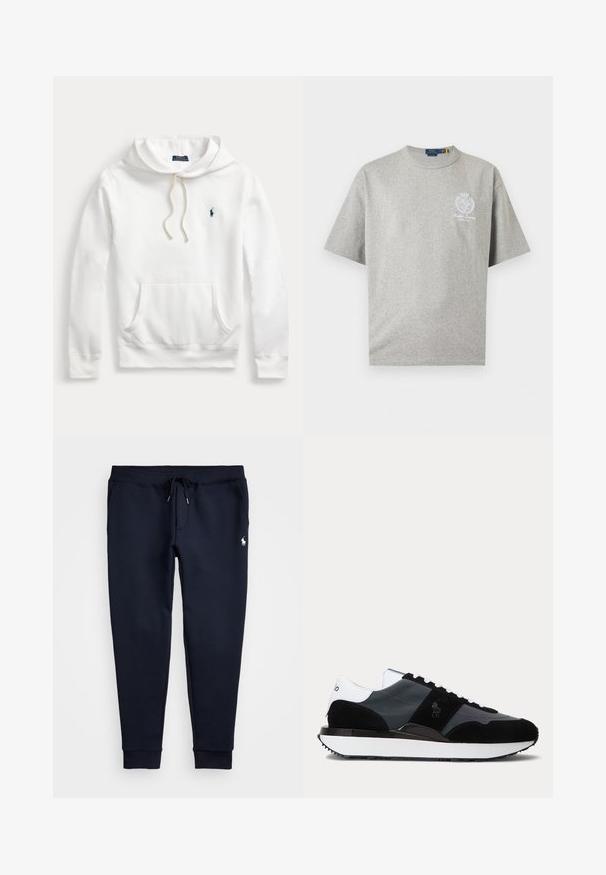 Valge Polo Ralph Laureni kapuutsiga dressipluus ees tasku, nööriga kapuuts ja tumesinise tikandiga logo vasakul rinnal.; Helehall lühikeste varrukatega ümara kaelusega T-särk, millel on vasakul rinnal valge Polo Ralph Laureni logo ja vapp.; Tumesinised spordipüksid nööriga vöökoha, elastsete sääreotste ja väikese valge logo detailiga vasakul reiel. Pehme kangatekstuur.; Must-valge madalate säärega toss, millel on seemisnahast ja nahast paneelid, valged paelad ning paks valge mustriga tald.