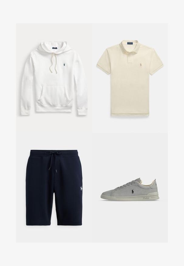Weißer Polo Ralph Lauren Hoodie mit Fronttasche, Kapuze mit Kordelzug und marineblau besticktem Logo auf der linken Brust.; Beiges Polohemd mit kurzen Ärmeln, einem geknöpften Kragen und einem kleinen gestickten Logo auf der linken Brust. Strukturierter Baumwollstoff.; Marineblaue Baumwoll-Sportshorts mit elastischem Bund, Kordelzug und Logo-Akzent auf der linken Seite. Glatte Textur, knielang.; Grauer Wildleder-Sneaker mit niedrigem Schaft und Polo-Logo an der Seite, Schnürung vorne und gepolsterter Sohle mit Polo-Beschriftung an Ferse und Sohlrand.