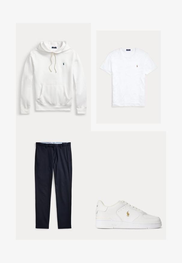 Valge Polo Ralph Laureni kapuutsiga dressipluus ees tasku, nööriga kapuuts ja tumesinise tikandiga logo vasakul rinnal.; Valge lühikeste varrukatega ümara kaelusega T-särk, millel on väike Polo Ralph Laureni tikitud logo vasakul rinnal ning sinine kaubamärgi silt krae sees.; Meri sinist värvi meeste pidulikud püksid, millel on vööaasad, luku ette, ja küljetaskud, lamades valgel taustal.; Valged madala säärega nahast tossud valgete nööpide ja külgedel kuldse Polo Ralph Laureni logoga ning "Polo" tallale reljeefselt pressitud.