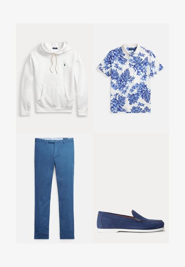 Weißer Polo Ralph Lauren Hoodie mit Fronttasche, Kapuze mit Kordelzug und marineblau besticktem Logo auf der linken Brust.; Kurzärmeliges Poloshirt in Weiß mit blauem Blumenmuster, geripptem Kragen und mit drei Knöpfen. Weicher Stoff mit glatter Textur.; Herren-Slim-Fit-Hosen aus blauem Baumwollstoff mit Gürtelschlaufen, vorderen Taschen sowie einem verdeckten Knopf- und Reißverschluss.; Blauer Wildleder-Slipper mit weißer Sohle und beiger Naht am oberen Rand, dargestellt vor einem schlichten weißen Hintergrund.