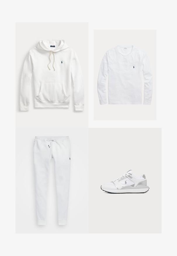 Valge Polo Ralph Laureni kapuutsiga dressipluus ees tasku, nööriga kapuuts ja tumesinise tikandiga logo vasakul rinnal.; Valge pikama-särgi, ümar kaelusega, vasakul rinnal väike tumesinine Polo Ralph Laureni tikitud logo.; Valged dressipüksid pehmest kangast, millel on nööriga vöökoht, küljetaskud ja soonikkoes mansetid. Väike logo reie peal.; Valge ja hõbedane madala säärega tennisejalanõu võrgust ja nahast paneelidega, paeltega sulgemine, tekstuurse musta tallaga ning peene brändilogo küljel.