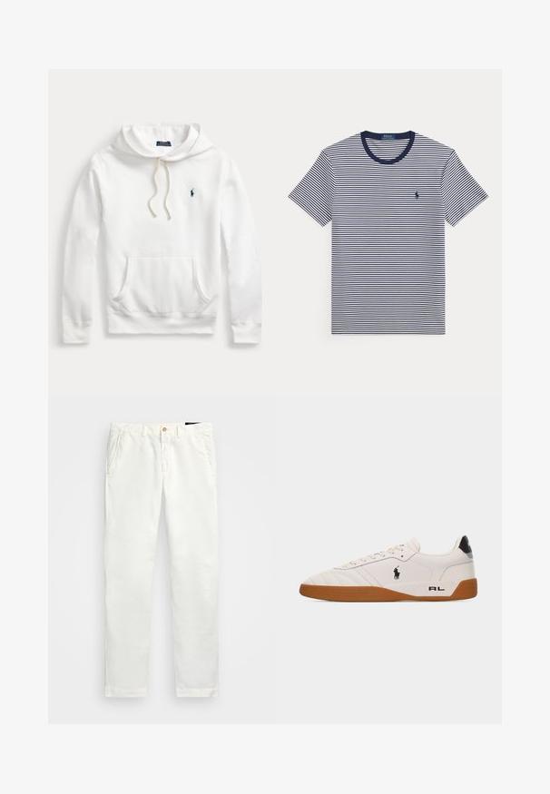 Hvid Polo Ralph Lauren hoodie med frontlomme, snøretræk i hætten og marineblåt broderet logo på venstre bryst.; Kortærmet T-shirt med marineblå og hvide horisontale striber, rund halsudskæring og lille broderet logo på venstre bryst.; Hvide bomulds chinos med lige ben design, der har sidelommer, en enkelt knaplukning og en glat tekstur.; Hvid lav sneakers med brun gummisål, sort Polo Ralph Lauren-logo på siden og "RL" tekst på hælområdet.