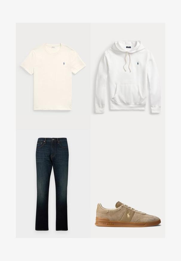 Hvid Polo Ralph Lauren hoodie med frontlomme, snøretræk i hætten og marineblåt broderet logo på venstre bryst.; Kræmfærdig bomulds t-shirt i kremfarve med rund hals og korte ærmer. Har et lille blåt broderet logo på venstre bryst.; Mørkeblå straight-leg denim jeans med fem lommer og orange syninger, vist fladt på en hvid baggrund.; Beige ruskind og læder lav-top sneaker med gummisål, hvide snørebånd og Polo-logo på siden og sålen.