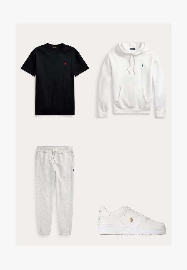 Weißer Polo Ralph Lauren Hoodie mit Fronttasche, Kapuze mit Kordelzug und marineblau besticktem Logo auf der linken Brust.; Schwarzes Baumwoll-T-Shirt mit kurzen Ärmeln, Rundhalsausschnitt und kleinem roten gestickten Logo auf der linken Brust. Glatte Textur, lässiges Design.; Hellgraue Jogginghose mit elastischen Bündchen, Kordelzugbund, Seitentaschen und kleinem dunklem Logo am oberen linken Oberschenkel.; Weißer Leder-Sneaker mit niedrigem Schnitt, weißen Schnürsenkeln und einem goldfarbenen Polo Ralph Lauren-Logo an der Seite sowie "Polo" auf der Sohle geprägt.